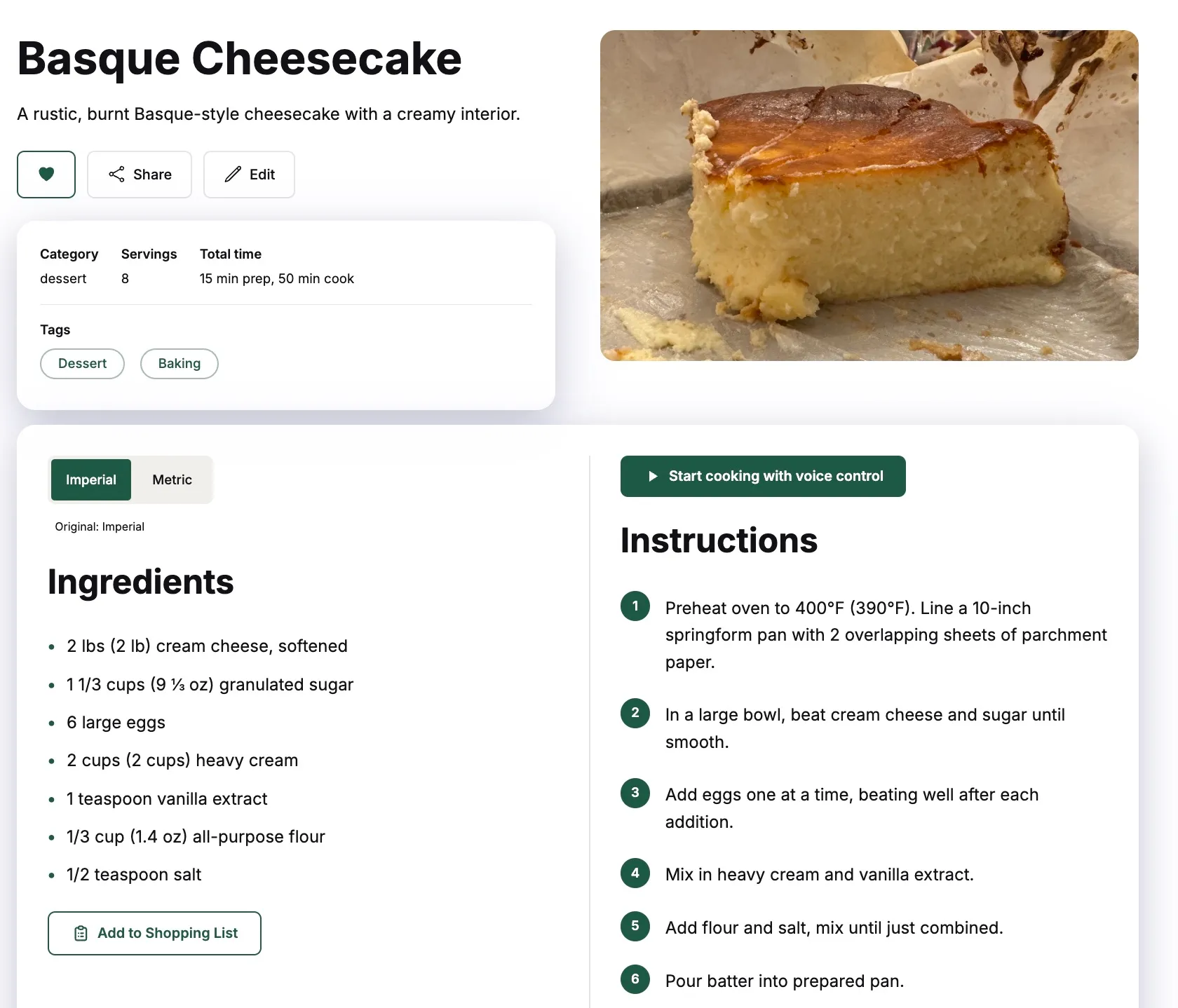 Sharp Cooking recipe view showing clean ingredients and organized steps