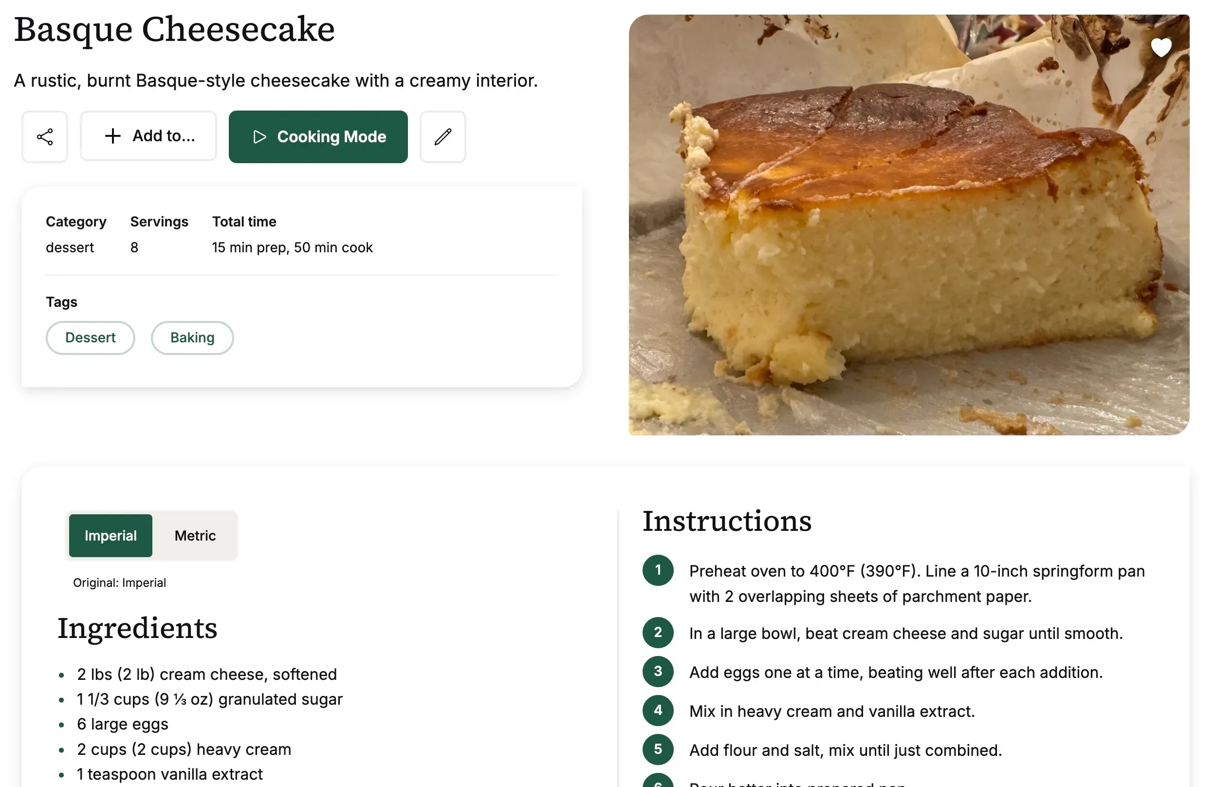 Sharp Cooking recipe view showing a clean ingredient list and step-by-step instructions
