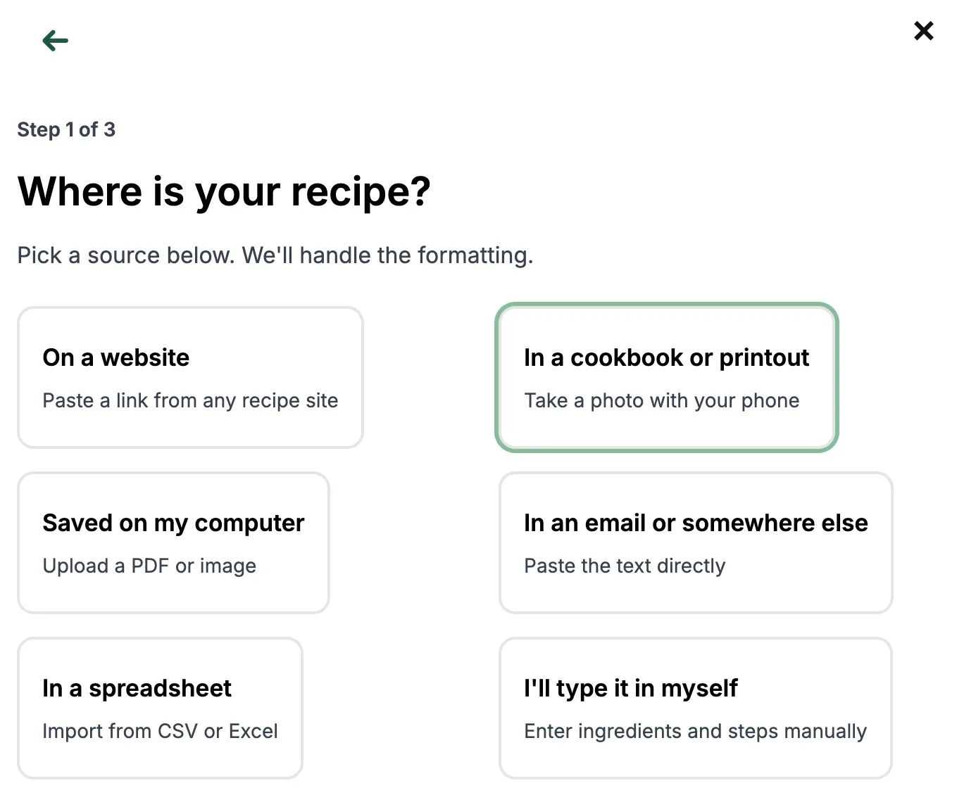 Import flow showing multiple ways to add a recipe