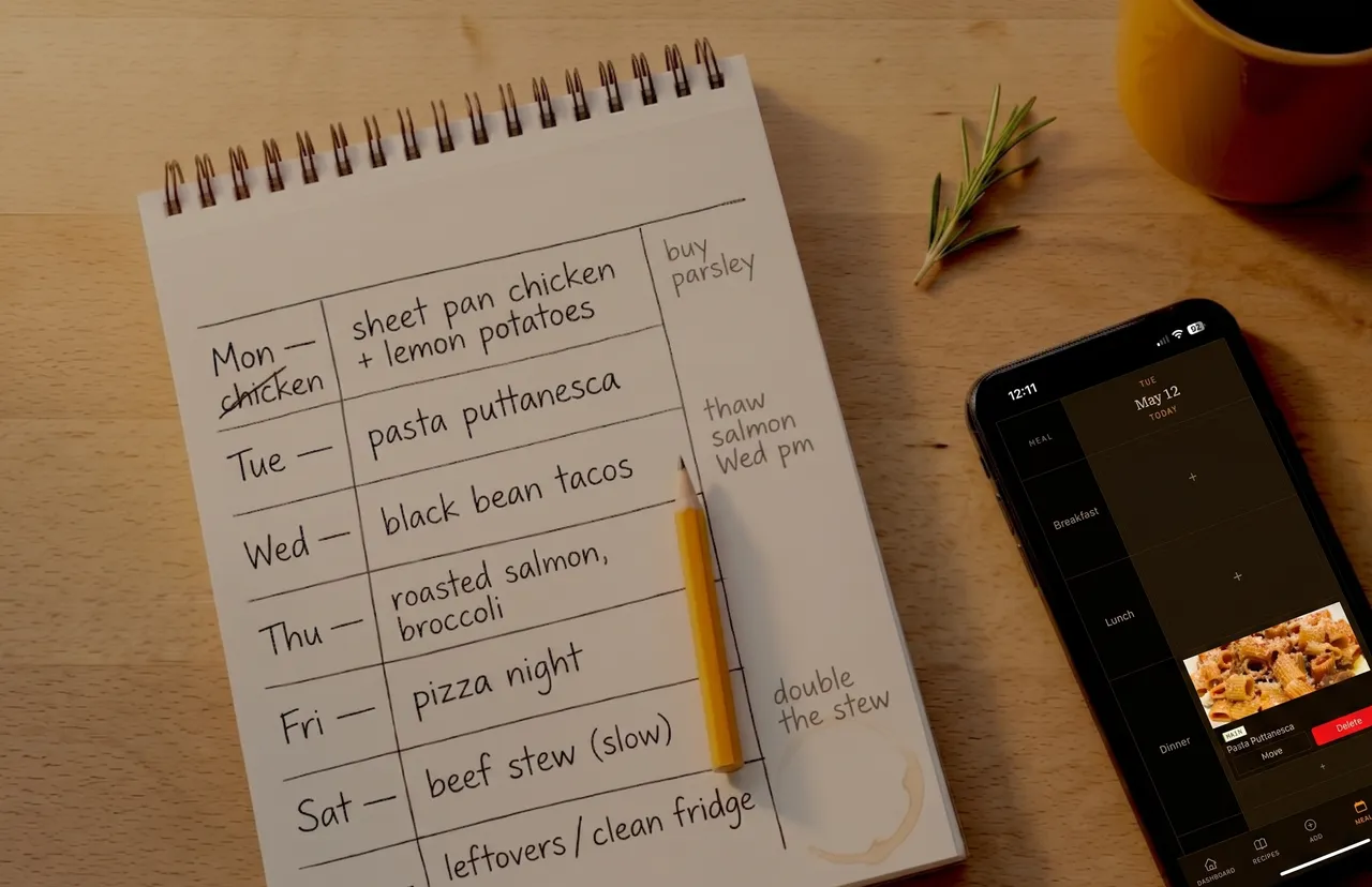 An open paper meal-planner notebook beside a phone, a saffron mug nearby.