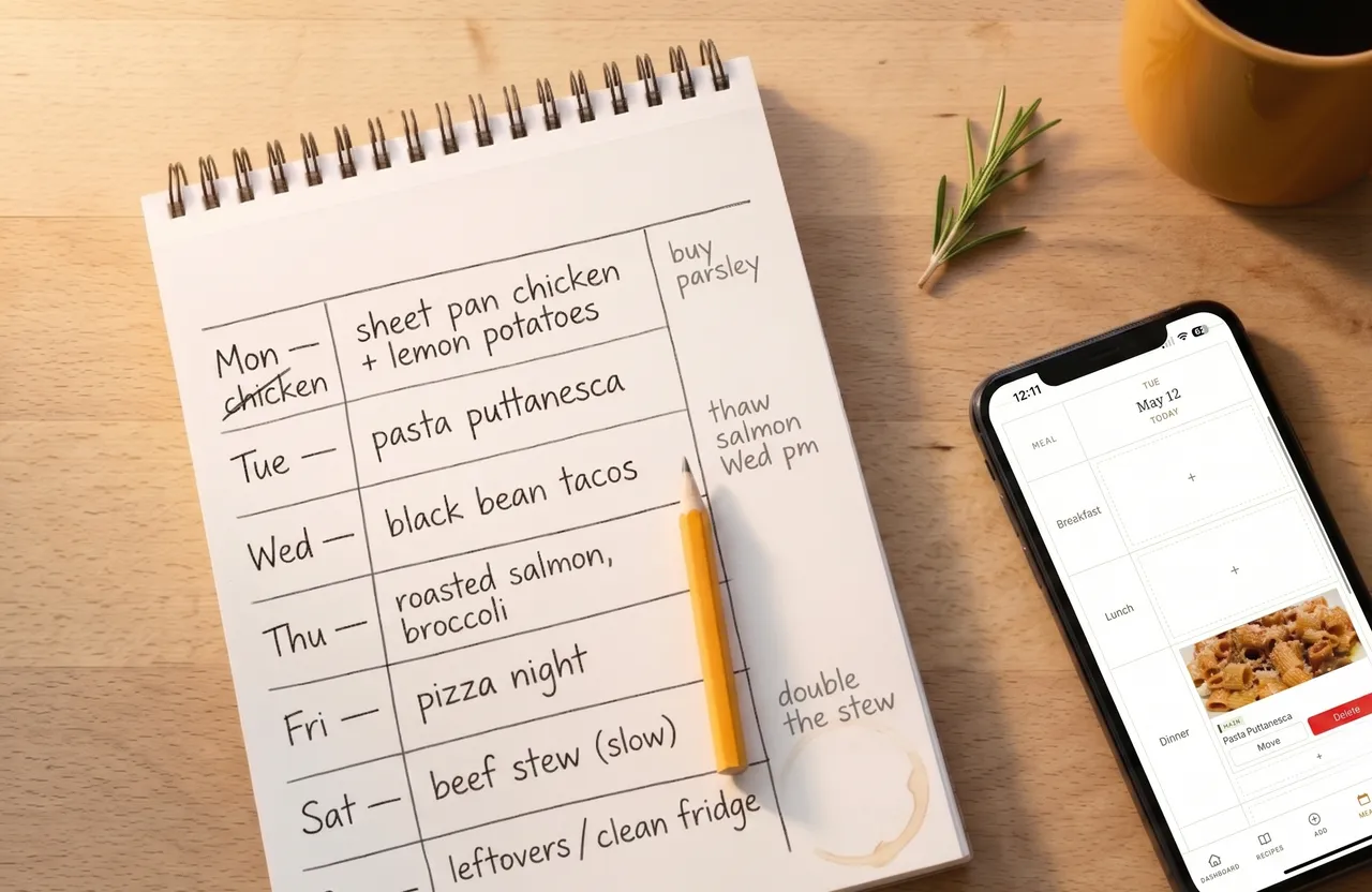 An open paper meal-planner notebook beside a phone, a saffron mug nearby.