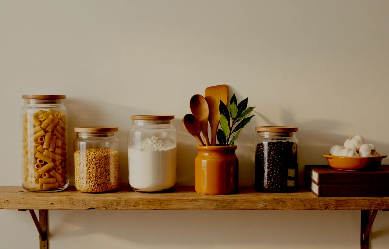A wooden pantry shelf with glass jars of dry goods, a saffron crock of utensils, and stacked cookbooks.