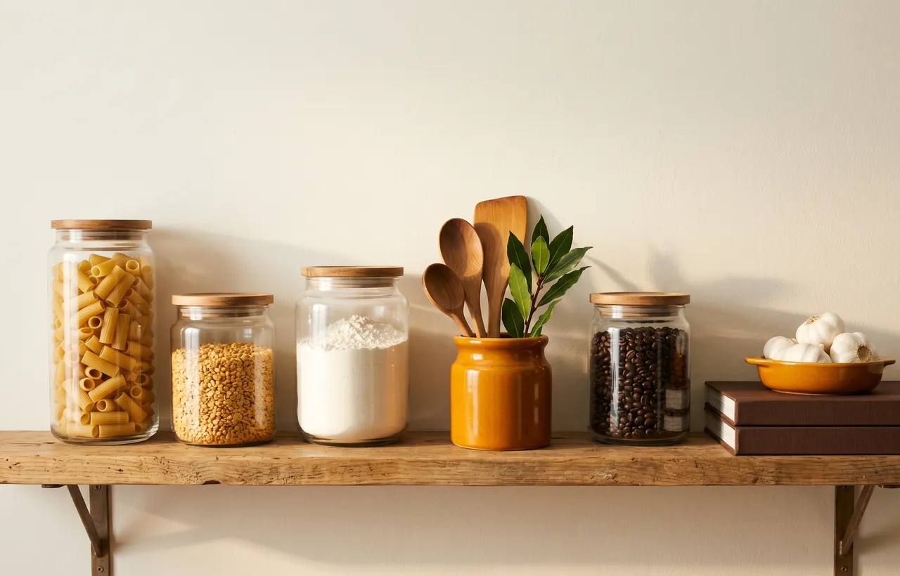 A wooden pantry shelf with glass jars of dry goods, a saffron crock of utensils, and stacked cookbooks.