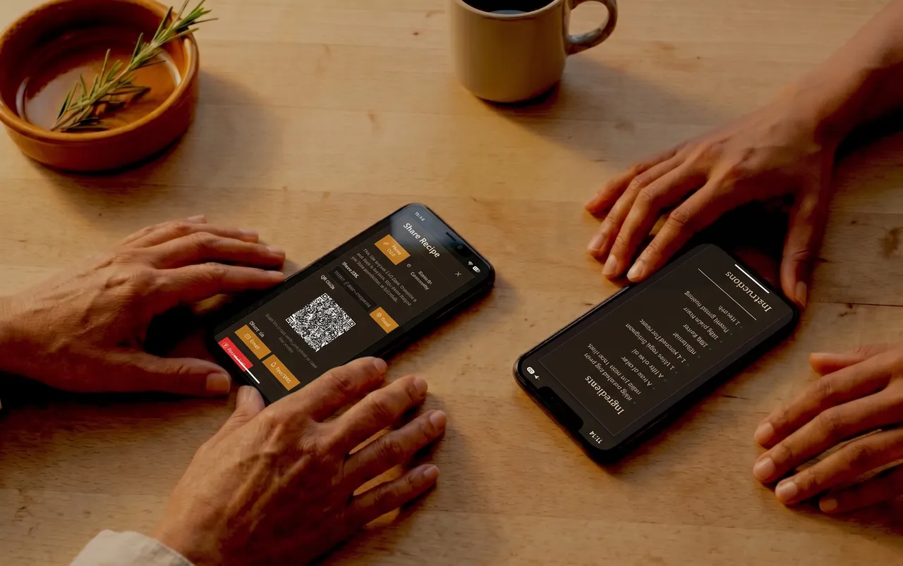Two phones on a wooden table, recipes being shared between two cooks.