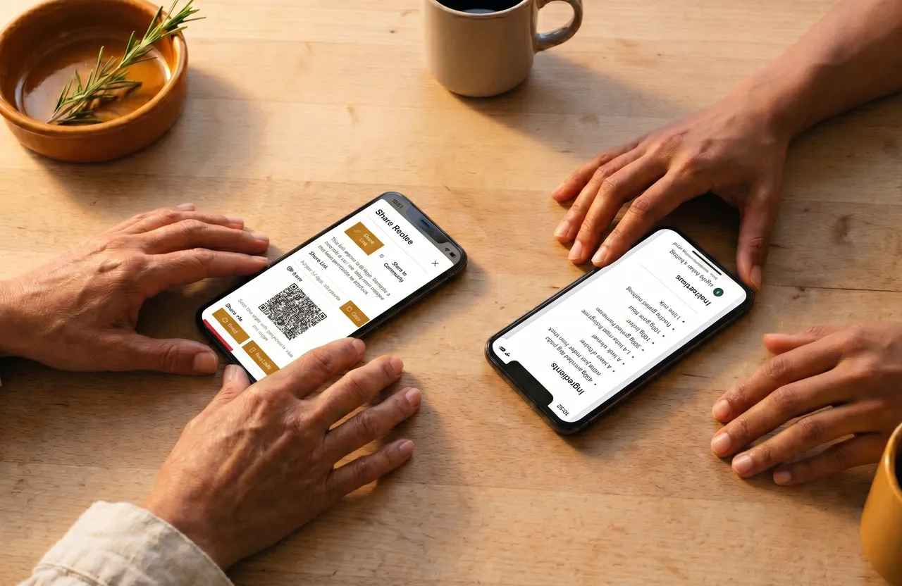 Two phones on a wooden table, recipes being shared between two cooks.