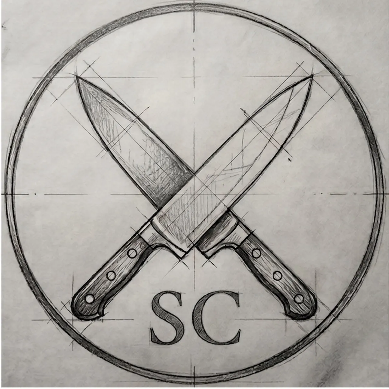 Hand-drawn sketch of the Sharp Cooking mark — two crossed kitchen knives in a circle with the letters S and C.