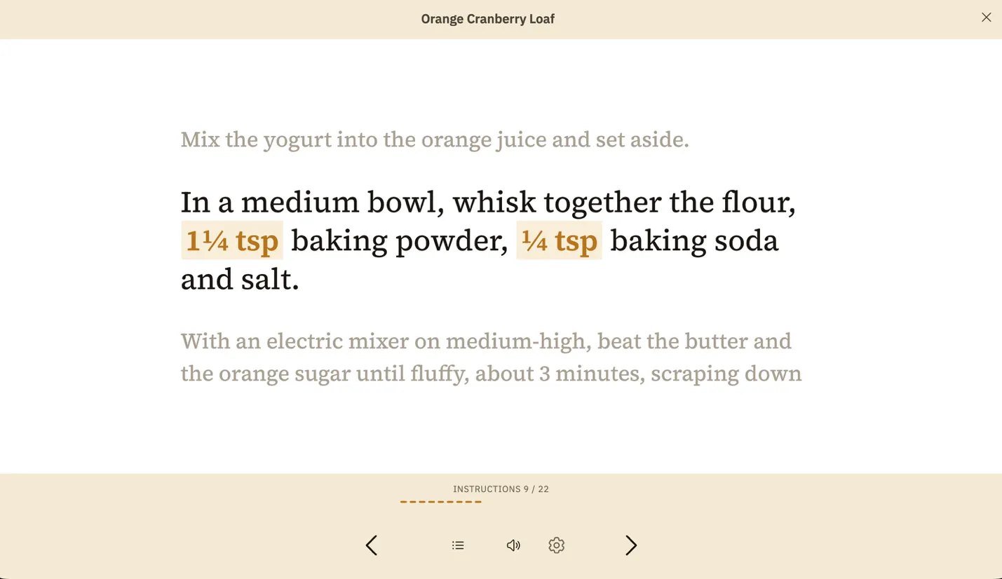 Cook Mode showing a single recipe step in large, full-screen text