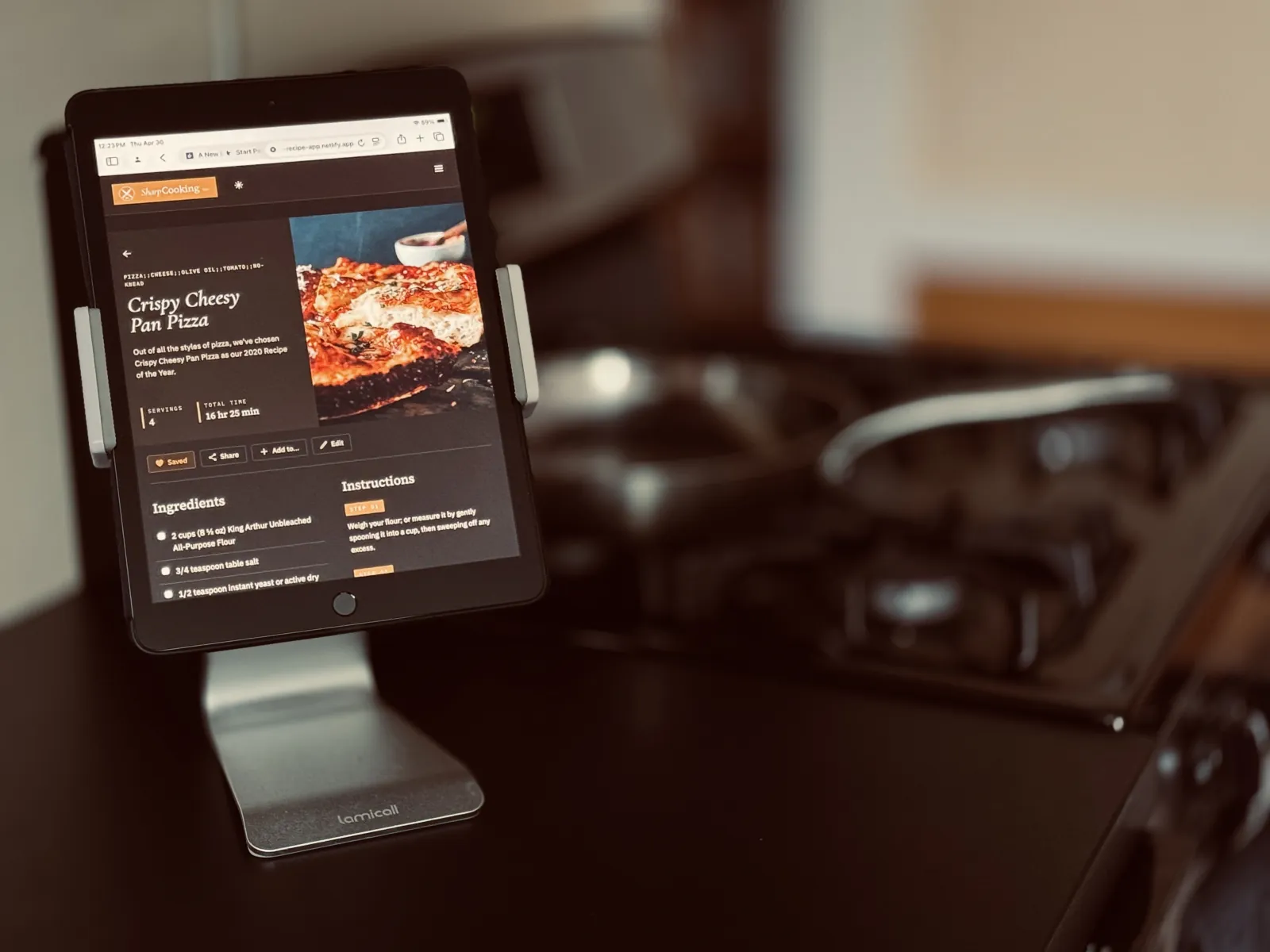 Cooking from a recipe on an iPad propped on the kitchen counter.